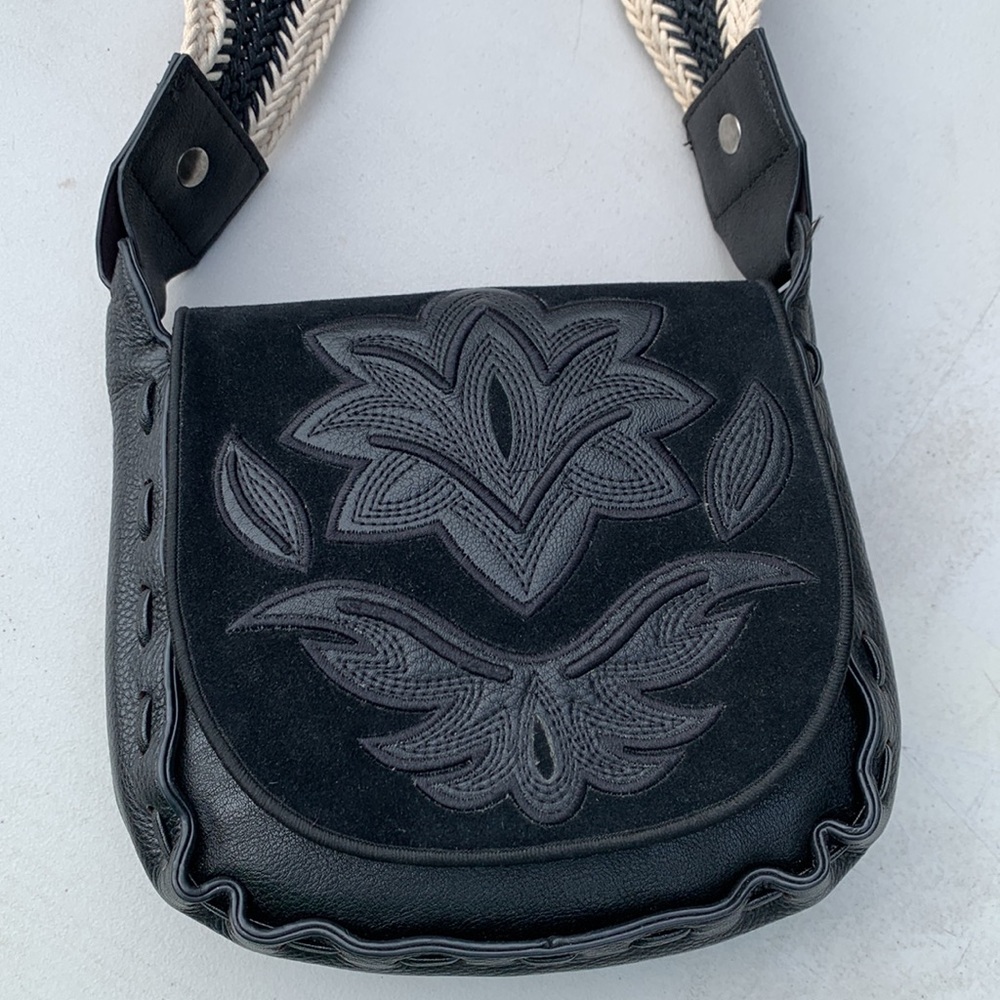 Sam Edelman Black Embroidered Suede & Leather Crossbody Satchel